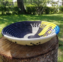 Load image into Gallery viewer, Yellow & Blue Rwanda Baske/ Handwoven Basket/ Hanging Wall Basket/ Boho Wall Art/ Fruit Bowls/ Jewelry Storage