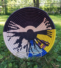 Load image into Gallery viewer, Yellow & Blue Rwanda Baske/ Handwoven Basket/ Hanging Wall Basket/ Boho Wall Art/ Fruit Bowls/ Jewelry Storage