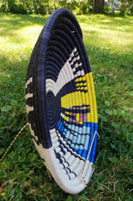 Load image into Gallery viewer, Yellow & Blue Rwanda Baske/ Handwoven Basket/ Hanging Wall Basket/ Boho Wall Art/ Fruit Bowls/ Jewelry Storage