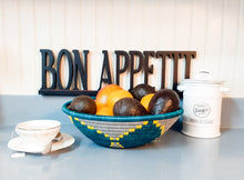 Load image into Gallery viewer, Teal, Gray & Yellow African Wall Hanging Rwanda Baskets Boho Wall Art