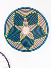 Load image into Gallery viewer, Teal, Gray & Yellow African Wall Hanging Rwanda Baskets Boho Wall Art