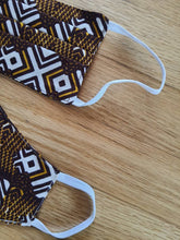 Load image into Gallery viewer, Aya Pleated African Print Reversible & Reusable Face Mask (Brown Mustard White)