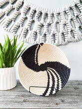 Load image into Gallery viewer, White and Black Rwanda Basket/ Hanging wall basket/ Boho wall art/ Fruit bowl/ Woven African Basket