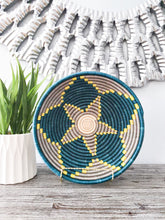 Load image into Gallery viewer, Teal, Gray & Yellow African Wall Hanging Rwanda Baskets Boho Wall Art