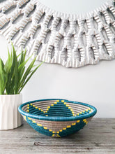Load image into Gallery viewer, Teal, Gray & Yellow African Wall Hanging Rwanda Baskets Boho Wall Art