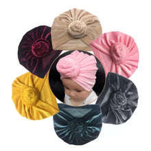 Load image into Gallery viewer, Golden Velvet Baby Hat- Baby Turban Knot- Adorable Velvet Girls Ruffled Bowknot