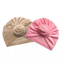 Load image into Gallery viewer, Golden Velvet Baby Hat- Baby Turban Knot- Adorable Velvet Girls Ruffled Bowknot