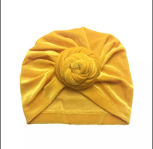 Load image into Gallery viewer, Golden Velvet Baby Hat- Baby Turban Knot- Adorable Velvet Girls Ruffled Bowknot
