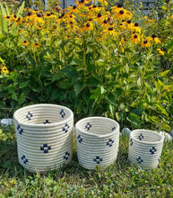 Load image into Gallery viewer, White and Black Handwoven African Baskets/ Planter Baskets/ Flower Vases/ Candle Holders
