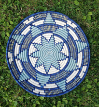 Load image into Gallery viewer, Navy Blue, Blue & White African Boho Handwoven Basket Hanging Wall Basket