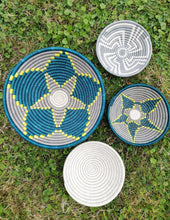 Load image into Gallery viewer, Teal, Gray & Yellow African Wall Hanging Rwanda Baskets Boho Wall Art