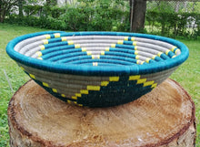 Load image into Gallery viewer, Teal, Gray & Yellow African Wall Hanging Rwanda Baskets Boho Wall Art