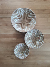 Load image into Gallery viewer, Set of 3 White & Beige Rwanda Basket/ Storage Basket/ Handwoven Basket/ Hanging Wall Basket/ Boho Wall Art/ Fruit Bowls