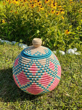 Load image into Gallery viewer, Pink, Blue and Beige Lidded Basket