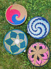 Load image into Gallery viewer, Pink, Royal Blue & Beige African Handwoven Boho Hanging Wall Basket