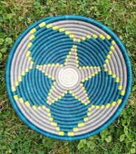 Load image into Gallery viewer, Teal, Gray & Yellow African Wall Hanging Rwanda Baskets Boho Wall Art