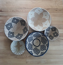 Load image into Gallery viewer, Set of 3 White & Beige Rwanda Basket/ Storage Basket/ Handwoven Basket/ Hanging Wall Basket/ Boho Wall Art/ Fruit Bowls