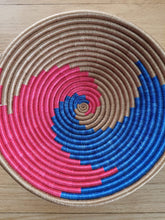 Load image into Gallery viewer, Pink, Royal Blue & Beige African Handwoven Boho Hanging Wall Basket