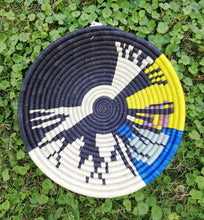 Load image into Gallery viewer, Yellow &amp; Blue Rwanda Baske/ Handwoven Basket/ Hanging Wall Basket/ Boho Wall Art/ Fruit Bowls/ Jewelry Storage
