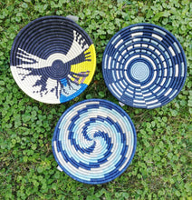 Load image into Gallery viewer, Yellow &amp; Blue Rwanda Baske/ Handwoven Basket/ Hanging Wall Basket/ Boho Wall Art/ Fruit Bowls/ Jewelry Storage
