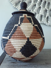 Load image into Gallery viewer, Lidded Brown, Beige &amp; Black African Interior Design Authentic Handwoven Basket
