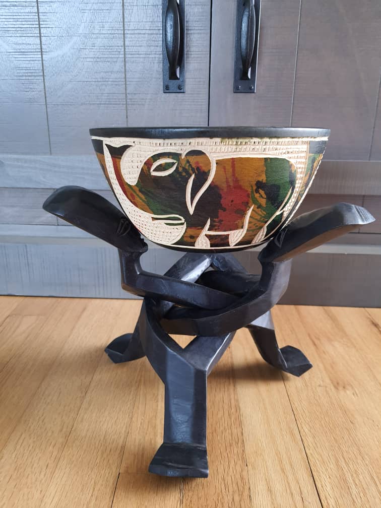 African Handmade Tripod Stand & Handcraft Animal print Bowl