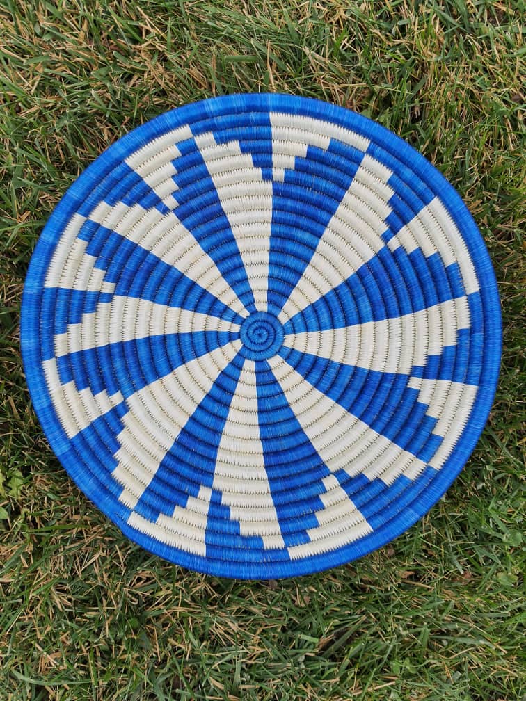A Mixed of Blue & Beige African Handwoven Rwanda Basket Hanging Wall Basket