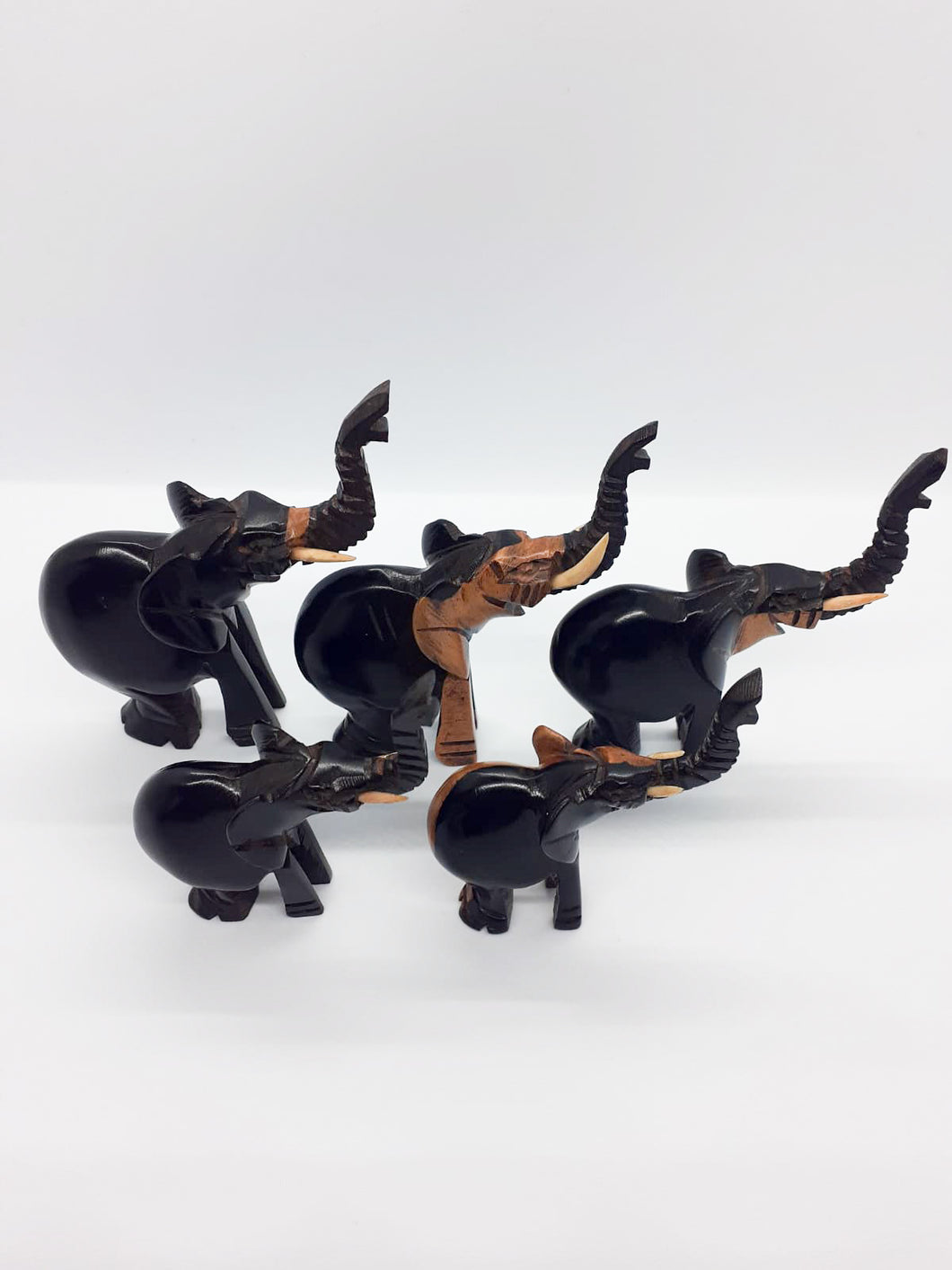 Handmade Family of 5 African Hand carved Wooden Elephants
