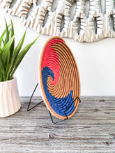 Load image into Gallery viewer, Pink, Royal Blue &amp; Beige African Handwoven Boho Hanging Wall Basket

