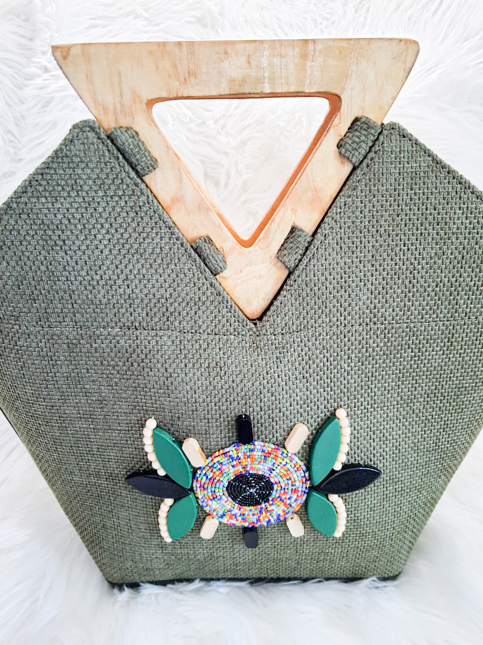 African Handmade Handbag- Olive Green Boho Handbag With Wooden Handle
