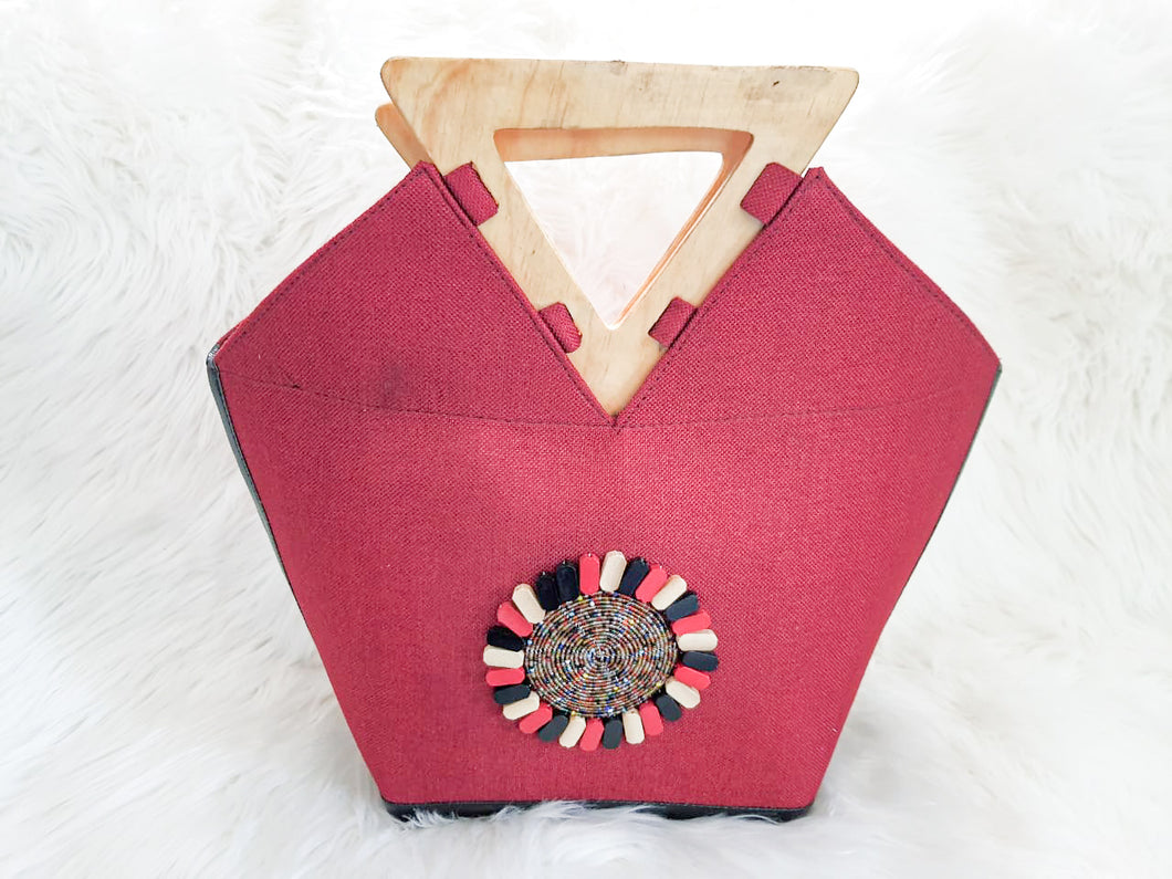 African Handmade Handbag -Red Wine Boho Handbag With Wooden Handle