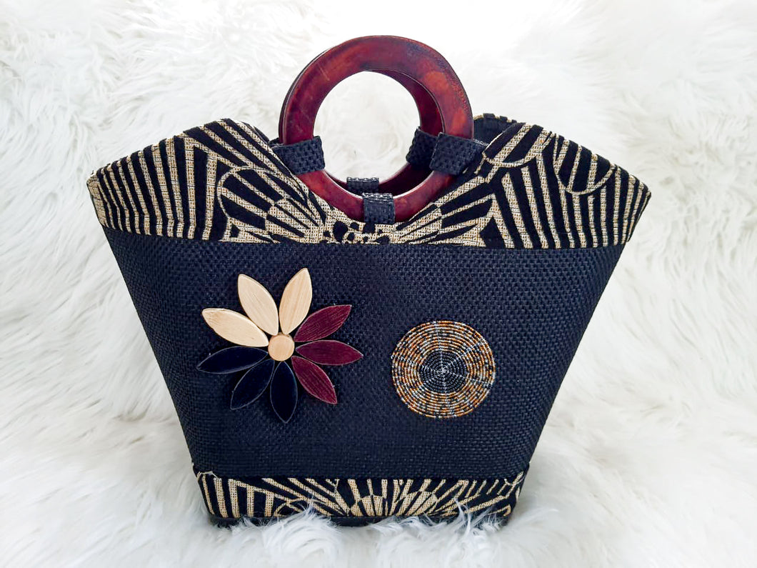 African Handbag/ Black & Nature Brown Bag/ Handmade Handbag/ Boho Handbag/ Wooden Handle Handbags