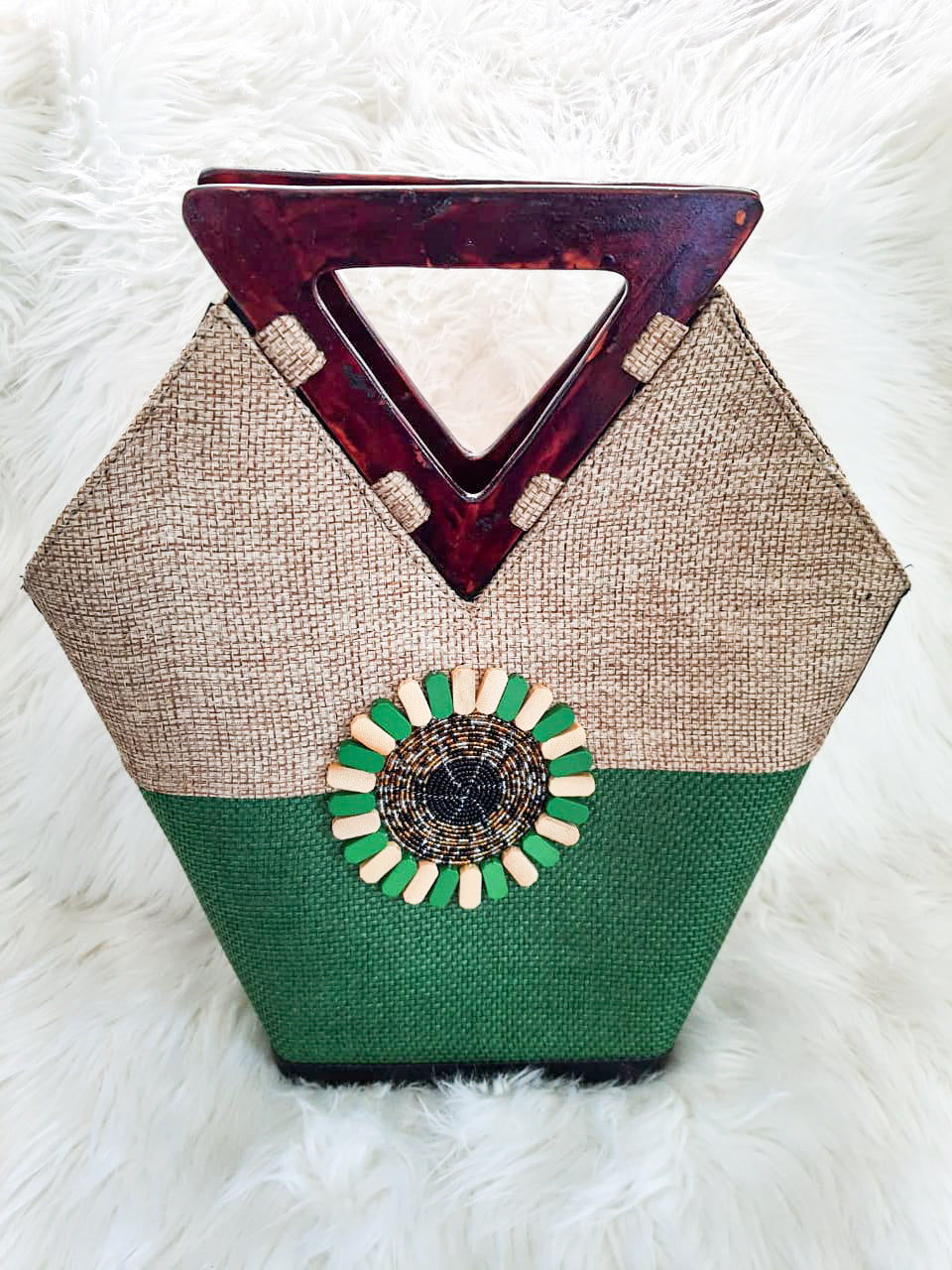 African Handbag/ Green & Nature Brown Bag/ Handmade Handbag/ Boho Handbag/  Gift For Mom Or Friend/  Wooden Handle Handbags