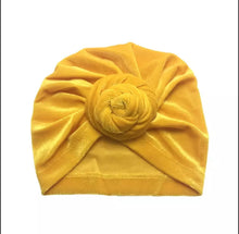 Load image into Gallery viewer, Golden Velvet Baby Hat- Baby Turban Knot- Adorable Velvet Girls Ruffled Bowknot
