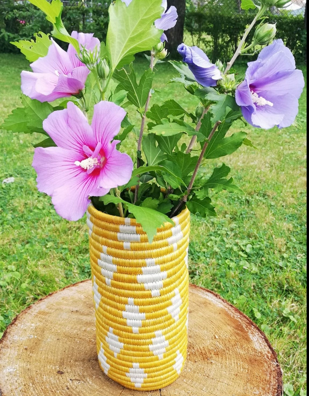 Yellow & White African Handwoven Flower Vase/ Caddy Kitchen Utensil/ Office Decor