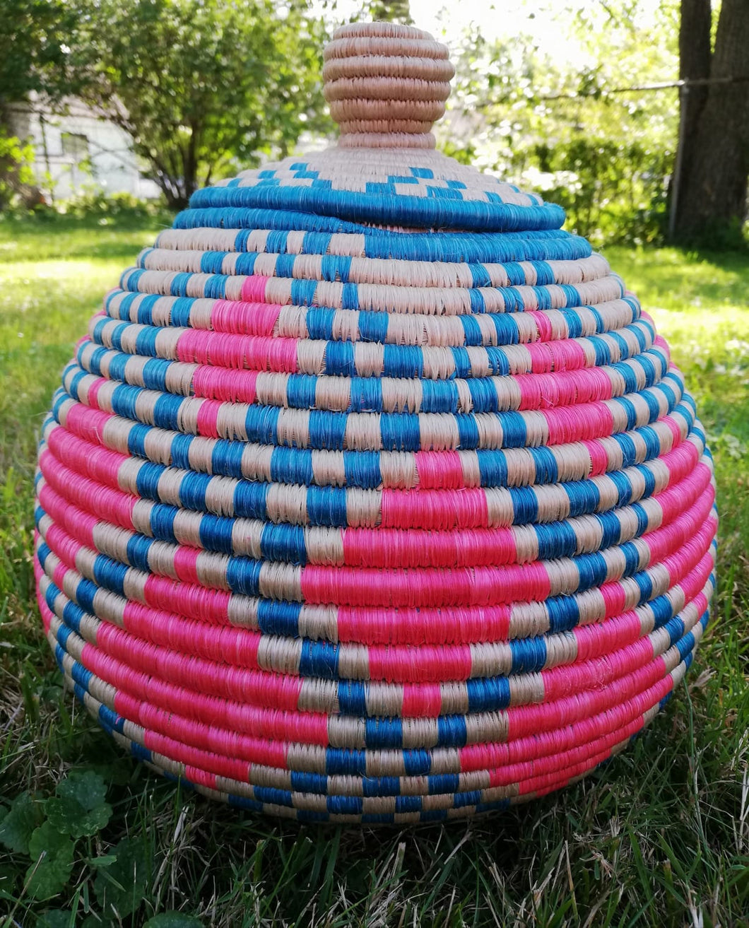 Pink, Blue and Beige Lidded Basket