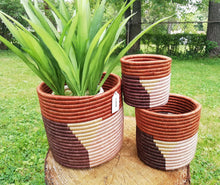 Load image into Gallery viewer, Brown, Light Brown and Rose Gold Handwoven African Planter
