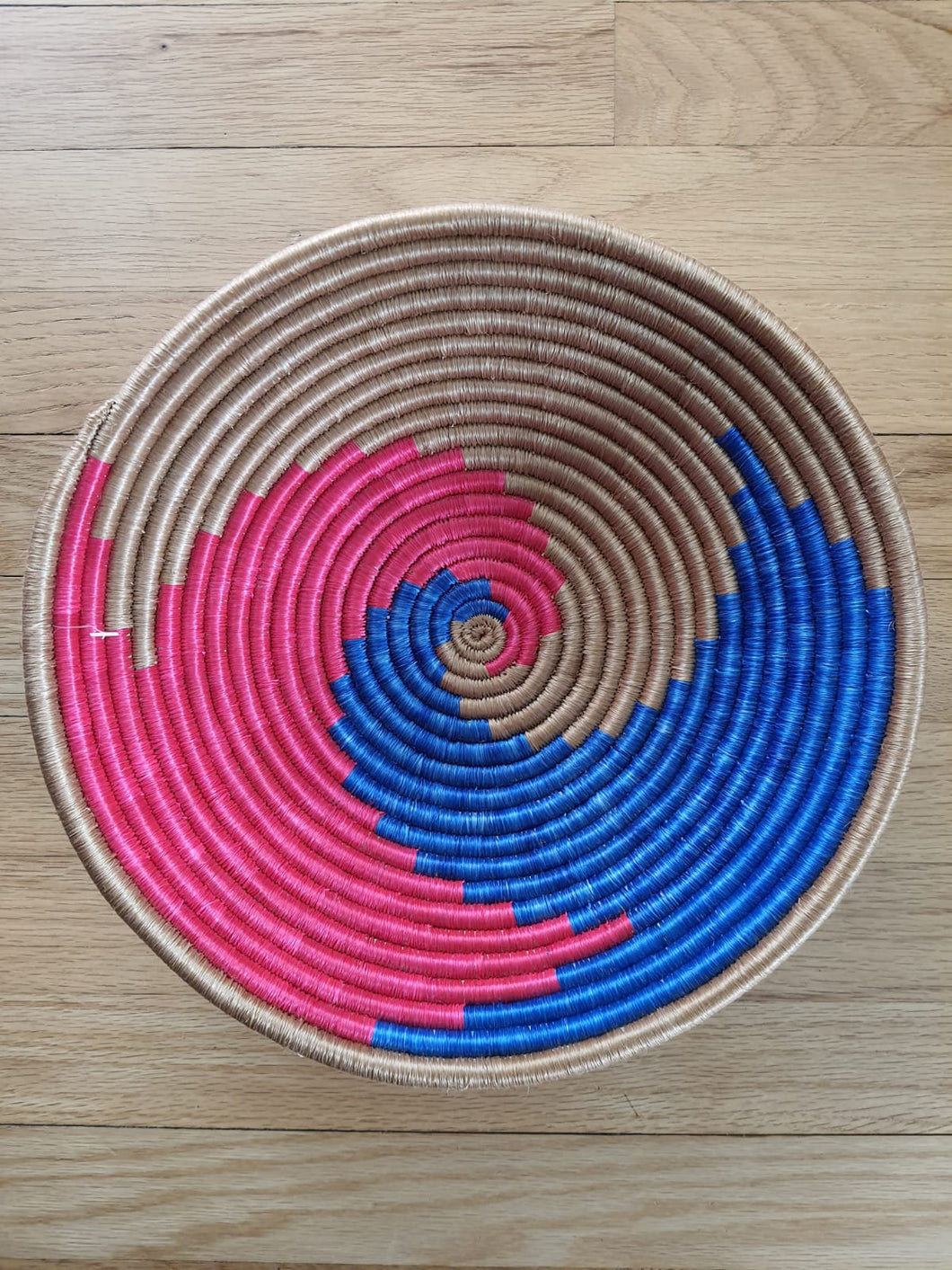Pink, Royal Blue & Beige African Handwoven Boho Hanging Wall Basket